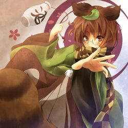  1girl animal_ears brown_eyes brown_hair futatsuiwa_mamizou glasses japanese_clothes leaf leaf_on_head outstretched_hand raccoon_ears raccoon_tail sake solo tail teru_(kazanawa) touhou wide_sleeves 