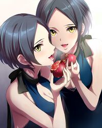  1girl black_hair breasts cleavage hayami_kanade idolmaster idolmaster_cinderella_girls mirror official_art reflection short_hair yellow_eyes 