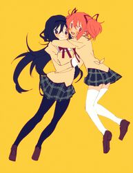  2girls akemi_homura hug kaname_madoka long_hair mahou_shoujo_madoka_magica multiple_girls pink_eyes pink_hair ribbon school_uniform short_twintails simple_background smile twintails yellow_background 
