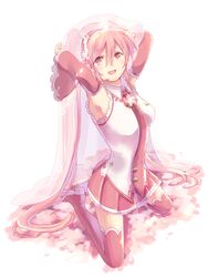  1girl arms_up boots detached_sleeves hatsune_miku headset high_heels kneeling long_hair looking_at_viewer necktie open_mouth pink_eyes pink_hair sakura_miku shoes skirt solo thigh-highs thigh_boots twintails very_long_hair vocaloid 