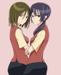  2girls blue_eyes breasts brown_eyes brown_hair crossed_arms hataraku_maou-sama! jeshikajeshika kisaki_mayumi long_hair mizushima_yuki multiple_girls ponytail purple_hair short_hair skirt smile vest 