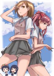  between_fingers black_hair blush brown_eyes brown_hair electricity flower hair_flower hair_ornament hairpin head_wreath highres long_hair misaka_mikoto multiple_girls needle saten_ruiko school_uniform serafuku shirai_kuroko short_hair shorts skirt skirt_lift sweater_vest tea_(nakenashi) to_aru_kagaku_no_railgun to_aru_majutsu_no_index twintails uiharu_kazari 