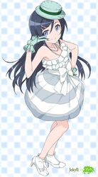  1girl aragaki_ayase bare_shoulders black_hair blue_eyes dress gloves hair_ornament hairclip hand_on_hip hat high_heels jewelry long_hair looking_at_viewer mizuki_makoto necklace ore_no_imouto_ga_konna_ni_kawaii_wake_ga_nai shoes smile solo strapless_dress v white_legwear 