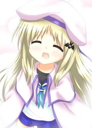  blonde_hair cape closed_eyes ebisuke hat little_busters! long_hair noumi_kudryavka sailor_collar shorts 