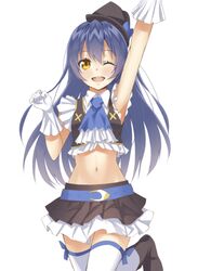  1girl ;d ankle_boots arm_up armpits blue_hair blush gloves hat heirou highres long_hair love_live!_school_idol_project midriff navel open_mouth simple_background skirt smile solo sonoda_umi thigh-highs white_background wink yellow_eyes 