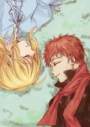  1boy 1girl ahoge blonde_hair chocolateonly closed_eyes emiya_shirou fate/stay_night fate_(series) grass hair_down jacket lying on_side redhead saber scarf 