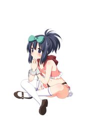  1girl black_eyes black_hair bow flat_chest hair_bow indian_style kunihiro_hajime navel peko ponytail saki shackle simple_background single_thighhigh sitting skirt solo thigh-highs white_background white_legwear 