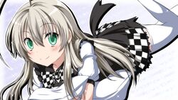  1girl ahoge checkered checkered_skirt green_eyes haiyore!_nyaruko-san highres long_hair nori_tamago nyarlathotep_(nyaruko-san) on_stomach pillow silver_hair skirt thigh-highs 