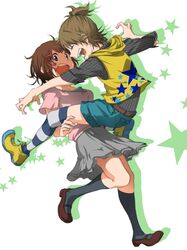  amami_haruka brown_hair futami_ami green_eyes highres idolmaster kyouno side_ponytail smile 