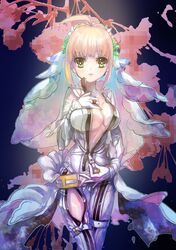  1girl ahoge blonde_hair bodysuit breasts center_opening cleavage fate/extra_ccc fate_(series) furon_(froon) green_eyes lock padlock saber_bride solo unzipping veil 