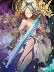  armor brown_hair closed_eyes dress gauntlets halo head_wreath long_hair original rocket_(yukirocket) sword weapon 