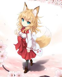  :3 animal_ears blonde_hair boots cherry_blossoms curly_hair fox_ears fox_tail green_eyes hair_ornament hairclip hakama japanese_clothes kimono long_hair msa original pantyhose petals tail 