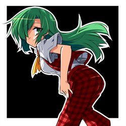 1girl black_background green_hair hair_over_one_eye hemogurobina1c kazami_yuuka kazami_yuuka_(pc-98) long_hair looking_back pants plaid plaid_pants solo touhou touhou_(pc-98) 