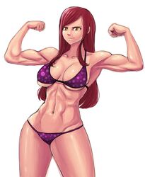  1girl abs bikini breasts erza_scarlet fairy_tail flexing kyoffie12 large_breasts long_hair midriff muscle navel polka_dot polka_dot_bikini polka_dot_swimsuit redhead smile solo swimsuit yellow_eyes 