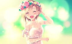  aiba_yumi blonde_hair dress flower head_wreath idolmaster idolmaster_cinderella_girls jewelry kyu necklace short_hair smile wreath 