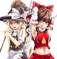  2girls armpits ascot blonde_hair blush bow braid broom brown_hair detached_sleeves hair_bow hair_tubes hakurei_reimu hat kirisame_marisa long_hair mikoma_sanagi multiple_girls open_mouth red_eyes touhou wink witch_hat yellow_eyes 