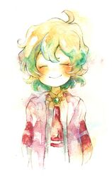  1girl closed_eyes hoodie momiji_(lucario) multicolored_hair nia_teppelin short_hair smile solo tengen_toppa_gurren_lagann traditional_media two-tone_hair watercolor_(medium) young 