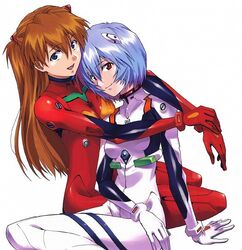  2girls arm_support artist_request ayanami_rei blue_eyes blue_hair female hair_ornament happy hug long_hair multiple_girls neon_genesis_evangelion open_mouth orange_hair plugsuit red_eyes short_hair sitting smile souryuu_asuka_langley yuri 