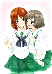  2girls akiyama_yukari blush brown_hair girls_und_panzer kokubox marker_(medium) multiple_girls nishizumi_miho short_hair smile traditional_media 