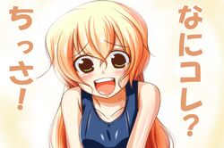  1girl bare_shoulders blonde_hair blush bust green_eyes long_hair nishi_koutarou one-piece_swimsuit open_mouth smile solo swimsuit translated 