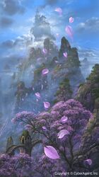  bridge castle cherry_blossoms clouds landscape mountain no_humans petals scenery sky tenkuu_no_crystalia tree ucchiey 
