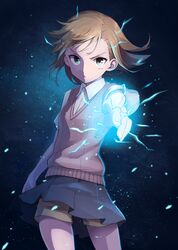  1girl brown_eyes brown_hair misaka_mikoto mofu school_uniform short_hair solo to_aru_kagaku_no_railgun to_aru_majutsu_no_index 