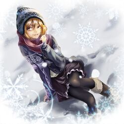  1girl beanie blonde_hair c&amp;l cardigan grin hat original pantyhose scarf sitting smile snow snowflakes solo winter winter_clothes yellow_eyes 