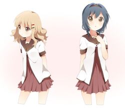  2girls blonde_hair blue_hair braid brown_eyes furutani_himawari hair_ornament hairband hairclip kumakichi_(toshigat) multiple_girls oomuro_sakurako open_mouth school_uniform serafuku short_hair twin_braids yuru_yuri 