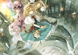  3girls alice_margatroid asuka_(louyun) blonde_hair blue_eyes blush book bookshelf bow braid broom capelet crescent doll dress feathers hair_bow hairband hat kirisame_marisa long_hair multiple_girls patchouli_knowledge purple_hair reading ribbon shanghai_doll short_hair smile stairs touhou violet_eyes witch_hat yellow_eyes 