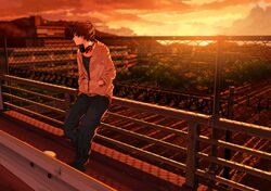  1boy brown_hair clouds fence hands_in_pockets headphones highres jacket kurono-kuro leaning_back original short_hair sky solo sunset 
