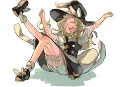  1girl apron blonde_hair bloomers braid dress fallen_down hat kirisame_marisa long_hair pisoshi single_braid socks solo touhou underwear waist_apron witch_hat 