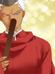  1boy archer dark_skin fate/stay_night fate_(series) grey_eyes hat highres misatsky solo white_hair wink 