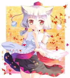  1girl :o alternate_headwear animal_ears bare_shoulders blush detached_sleeves hat hazakura_satsuki inubashiri_momiji leaf long_hair maple_leaf red_eyes solo tokin_hat touhou wide_sleeves wolf_ears 