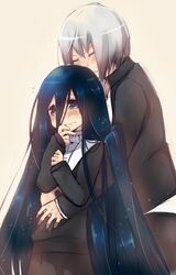  1boy 1girl absurdly_long_hair black_hair blue_eyes dansai_bunri_no_crime_edge haimura_kiri hair_between_eyes holding long_hair mushianokouji_iwai scissors silver_hair smelling yellow_eyes 