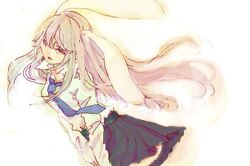  1girl animal_ears floating_hair long_hair mikihous necktie pink_hair pleated_skirt popped_collar rabbit_ears red_eyes reisen_udongein_inaba skirt solo touhou white_background 