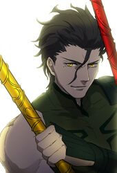  1boy ahoge awa_suna backlighting black_hair fate/zero fate_(series) gae_buidhe gae_dearg lancer_(fate/zero) mole polearm solo spear weapon yellow_eyes 