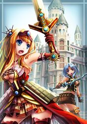  2girls armor blonde_hair blue_eyes blue_hair breasts castle elbow_gloves gloves hair_ornament highres mq3 multiple_girls original sword thigh-highs valkyrie violet_eyes weapon 