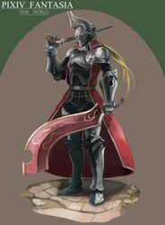  1girl armor belt blonde_hair bow breastplate coat dual_wielding full_armor gauntlets greaves gun hair_bow helmet highres la_ciero_(pixiv) long_hair pixiv_fantasia pixiv_fantasia_new_world ponytail solo sword weapon 
