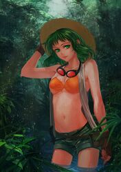  1girl bikini_top fingerless_gloves gloves goggles green_eyes green_hair gumi hat navel pouch short_hair smile solo straw_hat vocaloid yamakawa_umi 