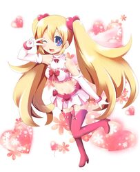 1girl blonde_hair blue_eyes blush disgaea disgaea_d2 flonne flower heart long_hair magical_girl multicolored_eyes navel open_mouth satsuki_suzuran solo twintails v very_long_hair wink 