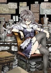  belt book bracelet brown_eyes crossed_legs dress garter_straps glasses grey_hair highres jewelry long_hair original oshake ring sitting thigh-highs 