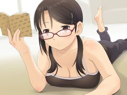  1girl black_eyes book breasts brown_eyes cleavage glasses lying meow_(nekodenki) solo 