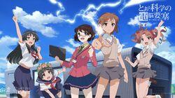  april_fools computer crossover electricity glasses highres laptop misaka_mikoto official_art sakura_internet sakuraha_ai saten_ruiko school_uniform serafuku shirai_kuroko shiwasu_takashi to_aru_kagaku_no_railgun to_aru_majutsu_no_index uiharu_kazari wallpaper 