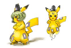  black_eyes crossed_arms crossover green_hair hat kitayuki_kajika pikachu pokemon short_hair soga_no_tojiko tagme tate_eboshi touhou white_background 