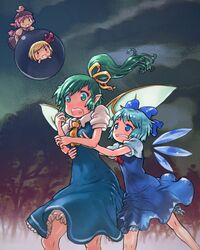  blonde_hair blue_eyes blue_hair bow breast_grab cirno daiyousei dress green_eyes green_hair hair_bow long_hair multiple_girls mystia_lorelei open_mouth ribbon rumia short_hair side_ponytail touhou wings yst 