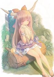  1girl bird bow brown_hair chain closed_eyes gourd hair_bow horn_ribbon horns hug ibuki_suika log long_hair ribbon sitting skirt smile solo tee touhou 