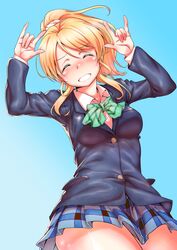  ayase_eli blazer blonde_hair closed_eyes grin highres long_hair love_live!_school_idol_project multiple_girls ponytail school_uniform skirt smile 