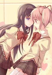  2girls akemi_homura arms_behind_back black_hair black_legwear blush bow hair_ribbon hairband heart highres kaname_madoka leaning_forward long_hair mahou_shoujo_madoka_magica multiple_girls pantyhose pink_eyes pink_hair plaid plaid_skirt pleated_skirt ribbon school_uniform short_twintails skirt smile thigh-highs twintails violet_eyes white_legwear yamada_ako yuri 