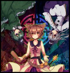  3girls brown_hair dress earmuffs furapechi green_dress green_hair hat highres japanese_clothes kariginu mononobe_no_futo multiple_girls ponytail ribbon ritual_baton short_hair silver_hair skirt sleeveless smile soga_no_tojiko tate_eboshi touhou toyosatomimi_no_miko violet_eyes weapon yellow_eyes 