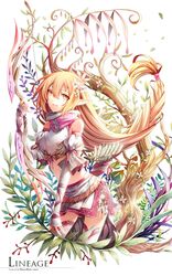  1girl arrow blonde_hair bow_(weapon) braid detached_sleeves elf flower hair_flower hair_ornament juliet_sleeves lineage long_hair long_sleeves looking_at_viewer low-tied_long_hair open_mouth pointy_ears puffy_sleeves quiver senzi shirt single_braid skirt smile solo thigh-highs very_long_hair weapon white_legwear zettai_ryouiki 